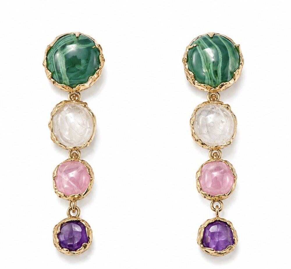 ZARA MULTICOLOR GEMSTONE DROP EARRINGS GREEN PINK PURPLE GOLD TONE STATEMENT